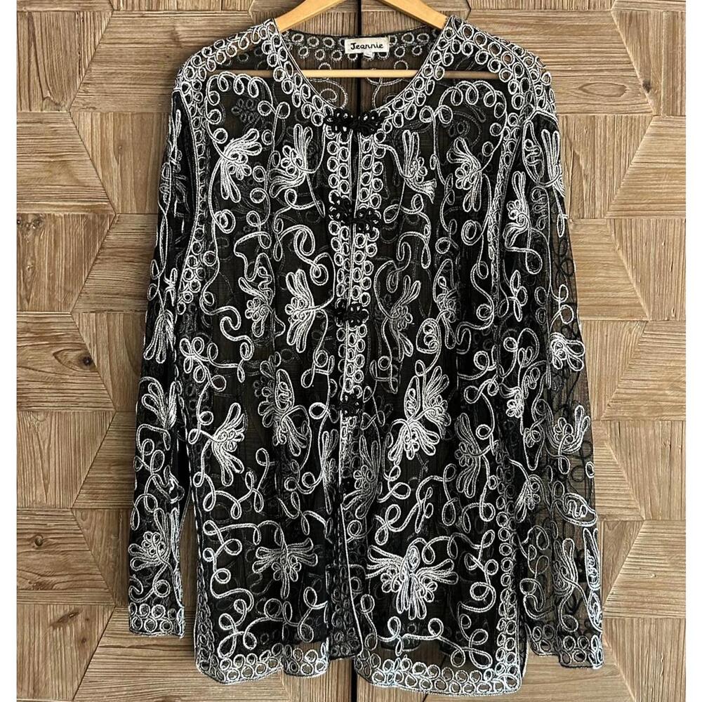Jeannie Black & White Sheer Embroidered Cardigan Size 4L